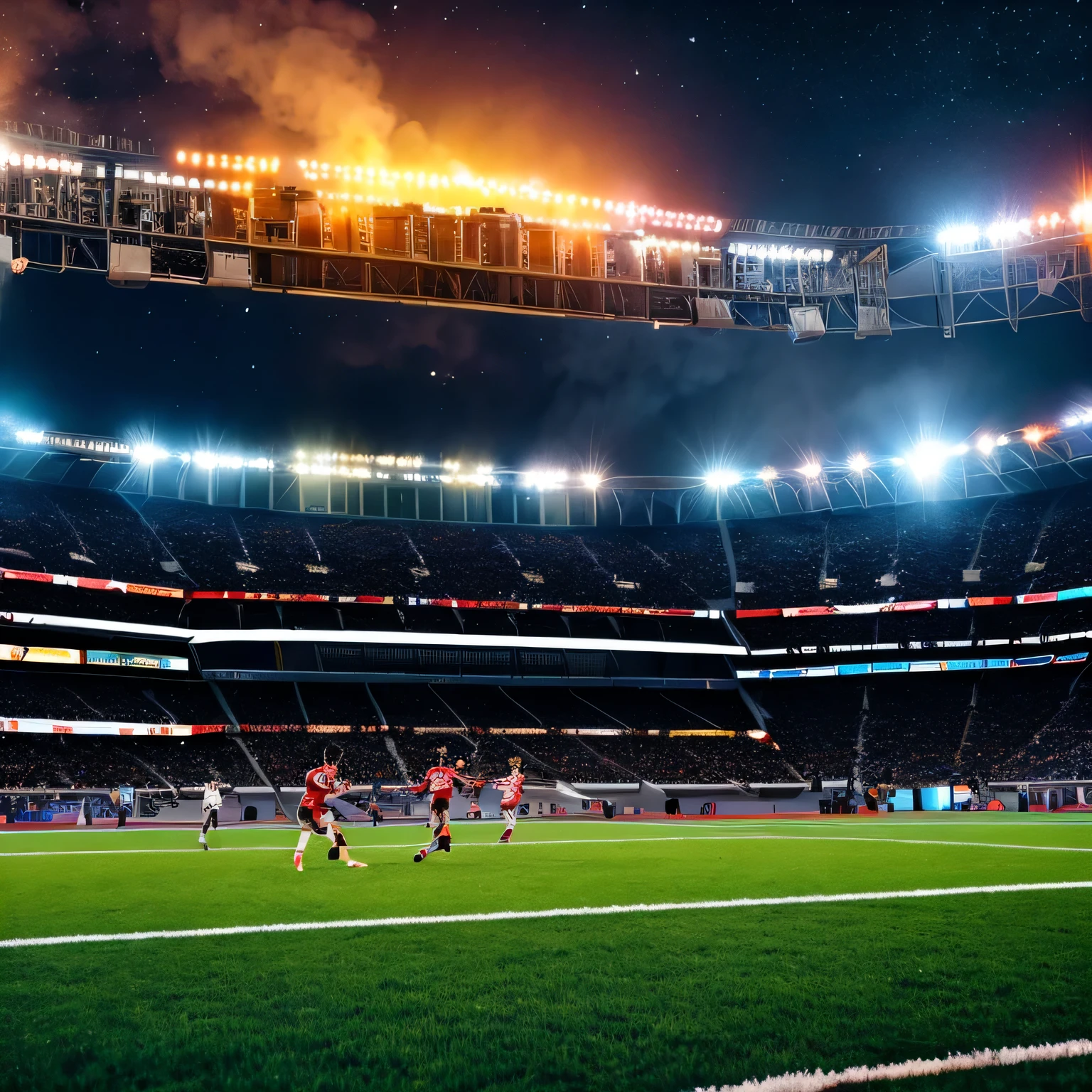 A stadium in space. A football match is going. Two Hundred thousands spectators.