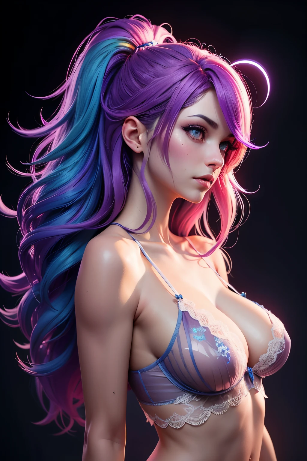Aktmeisterwerk, nude cyberpunk girl with cyber implants, implants, beautiful detailed face, ((transparent lace lingerie)), side view of the upper body, looking shy to the front, ((cyber implants)), A cute girl with an insane amount of colofull implants all over her body, glowing halo over the head, rainbow colored hair, long hair, teased hair, "trading derivatives, HDR, RGB, highly realistic, Volumetric light, auras, vivid colors reflect, visual surreal"