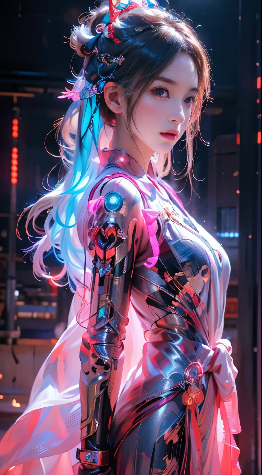 1 girl solo, perfect_hand, (8k, RAW photo, best quality, masterpiece:1.2), (realistic, photo-realistic:1.4), (extremely detailed CG unity 8k wallpaper),full body, (neon lights), machop, mechanical arms, hanfu, Chinese clothes, dress,
