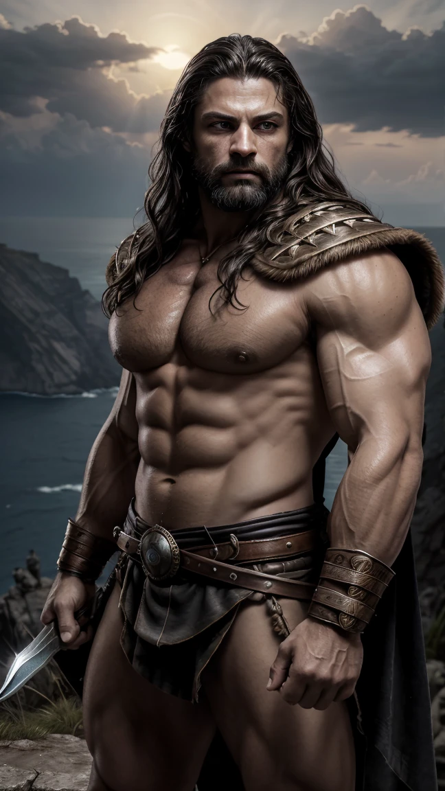 Highly detailed fantasy art full portrait poster wallpaper, Greek God Zeus Poseidon, A super strong、Lean、Muscular、aggressive look、Sexy people expressions,Rugged female warrior Prince of Persia,But Wolverine, Strike an explosive action hero pose, Glowing eyes, Messy long hair, Extremely detailed, Wearing the highest quality leather armor, Medieval fantasy adventure action theme style, Intricate and surreal details, Post-apocalyptic sunrise in the background, On top of a cliff by the sea, Enhance overall visual impact, focus, Sharp focus, super realistic, Surrealism, 8K picture quality, Luis Royo, Unreal Engine 5