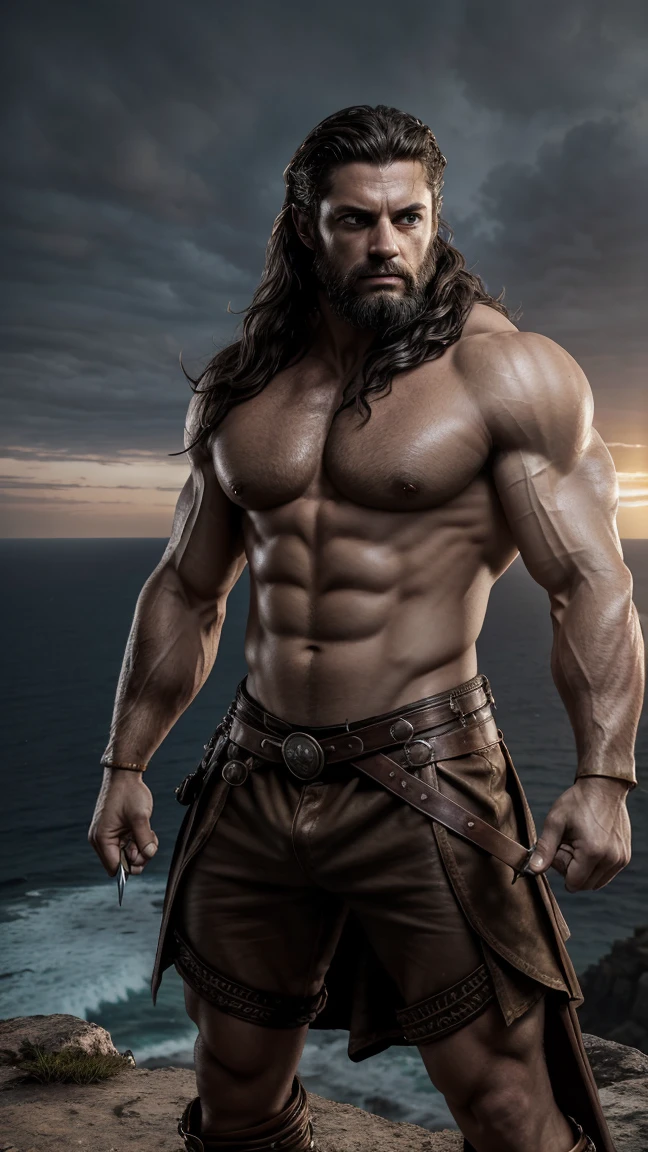 Highly detailed fantasy art full portrait poster wallpaper, Greek God Zeus Poseidon, A super strong、Lean、Muscular、aggressive look、y people expressions,Rugged female warrior Prince of Persia,But Wolverine, Strike an explosive action hero pose, Glowing eyes, Messy long hair, Extremely detailed, Wearing the highest quality leather armor, Medieval fantasy adventure action theme style, Intricate and surreal details, Post-apocalyptic sunrise in the background, On top of a cliff by the sea, Enhance overall visual impact, focus, Sharp focus, super realistic, Surrealism, 8K picture quality, Luis Royo, Unreal Engine 5