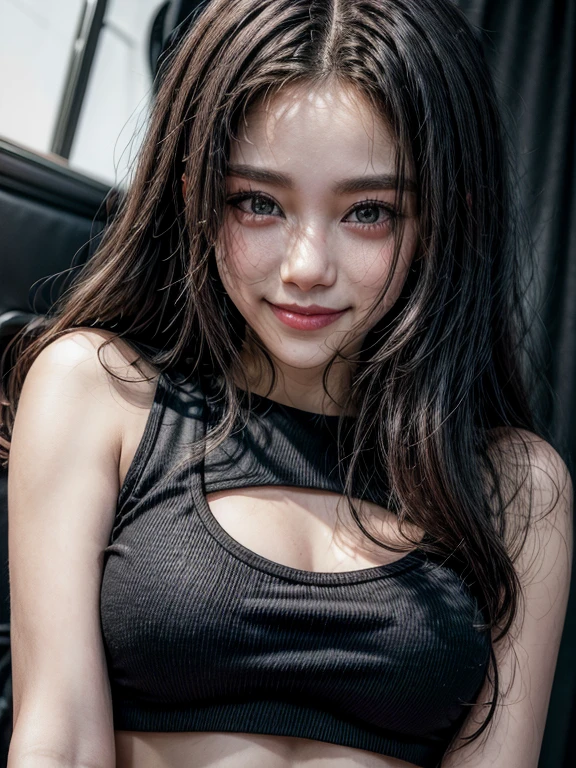 1women,medium chest,black crop top,looking viewer,blushing,smile