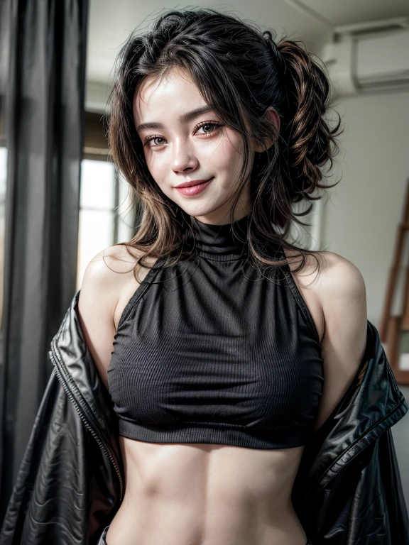 1women,medium chest,black crop top,looking viewer,blushing,smile