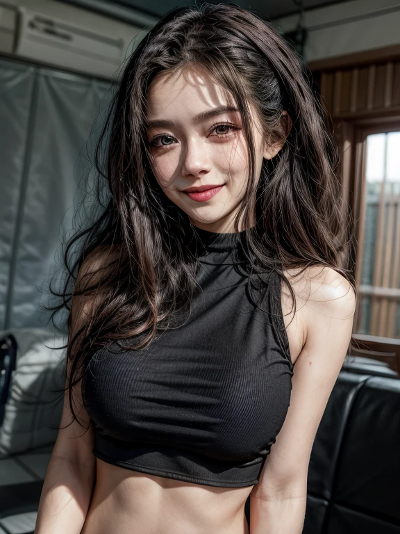1women,medium chest,black crop top,looking viewer,blushing,smile