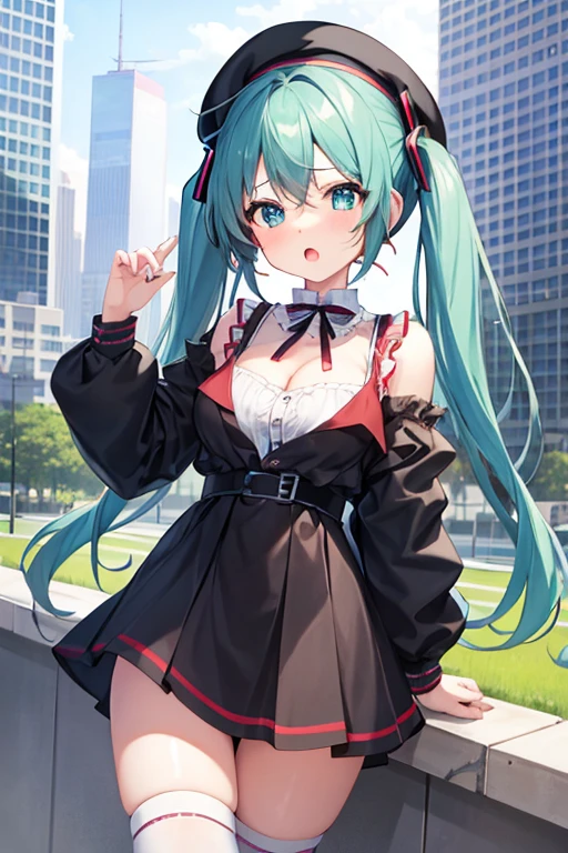 masterpiece、Highest quality、Ultra-high resolution、Hatsune Miku、Twin tails、Red face、shyly、mock、open your mouth just a little、casual clothing that shows cleavage、casual mini skirt、thigh-high socks、wearing a girl's beret、skyscraper、outdoors