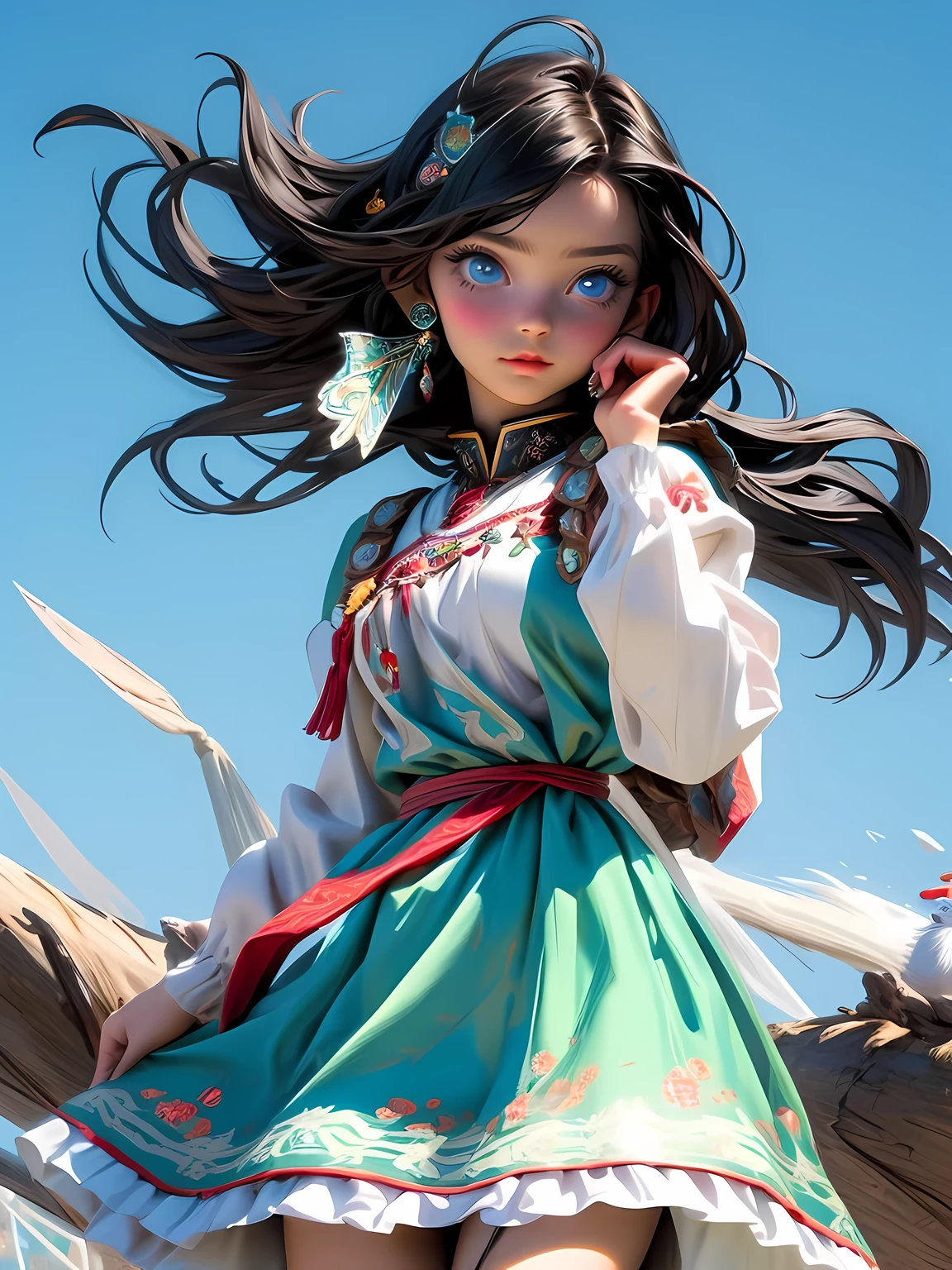 Super detailed, super realistic, 8k, master piece, beautiful Nordic young girl, 18 years old, ((wind effect:1.5)),highly detailed old folk costume, long straight black hair, Yakuts folk costume, beautiful crystal blue eyes, almond eyes, intricate textile decorated with colorful and intricate geometric patterns, arm ornamentation, decorative embroidery. Beautiful crystal blue eyes, almond eyes, intricate fabrics decorated with colorful and intricate geometric patterns, clothes in earth colors such as White red and green,,aw0k euphoric style,