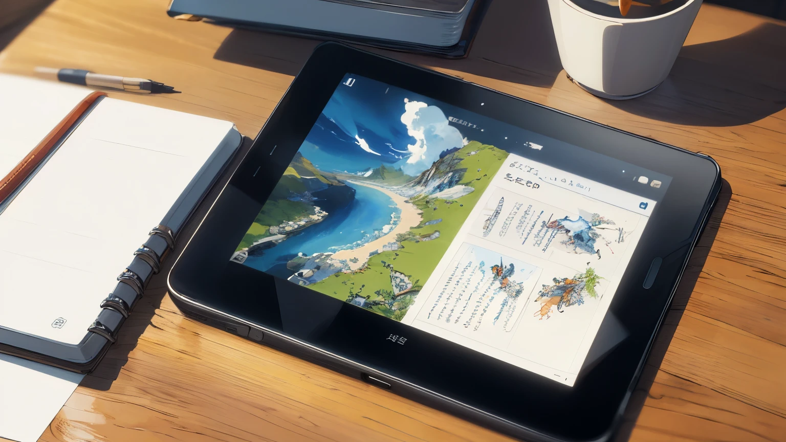 ((highest quality)), ((masterpiece)),
High quality Japanese anime style illustrations in 4K resolution,A notebook and a smartphone on a desk,Looking down from above