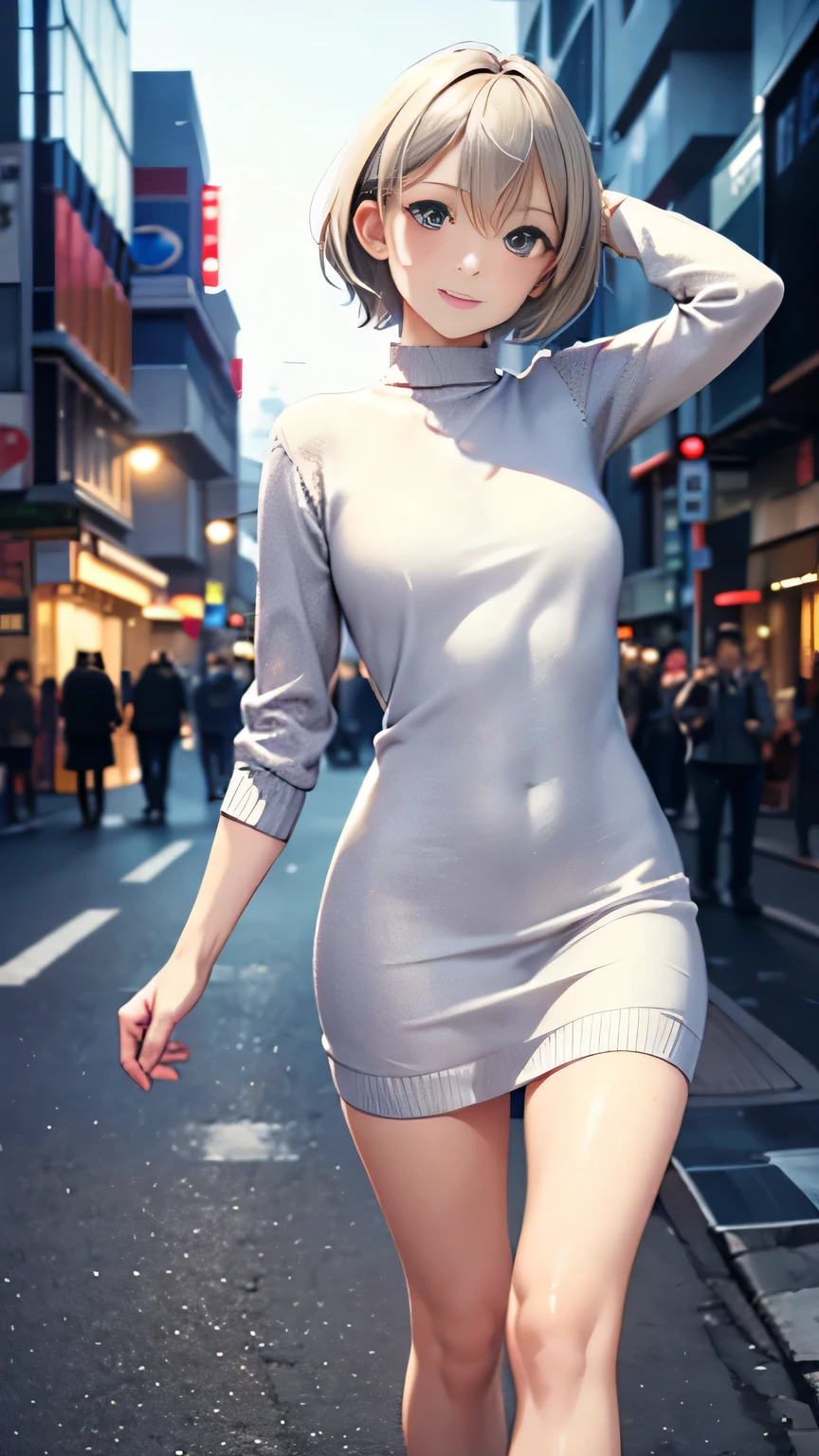 ((masterpiece:1.4, best quality)), ((masterpiece, best quality)), (realistic:1.5),Beautiful girl RAW photo,beautiful pixie cut silver blonde hair,Japanese high school girl,full body, Walking along the dark city street, ((elegant knit mini dress)), very cute, slim, cute eyes,smile,enticing sexy look,(( lookin at the camera)),cinematic lighting and pause,night,crowded,neon light