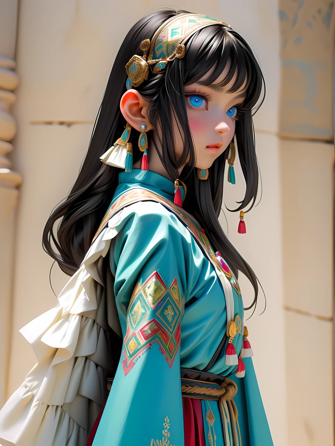 Super detailed, super realistic, 8k, master piece, beautiful Nordic young girl, 18 years old, highly detailed old folk costume, long straight black hair, Yakuts folk costume, beautiful crystal blue eyes, almond eyes, intricate textile decorated with colorful and intricate geometric patterns, arm ornamentation, decorative embroidery. Beautiful crystal blue eyes, almond eyes, intricate fabrics decorated with colorful and intricate geometric patterns, clothes in earth colors such as White red and green,,aw0k euphoric style,(viewed from side:1.5)