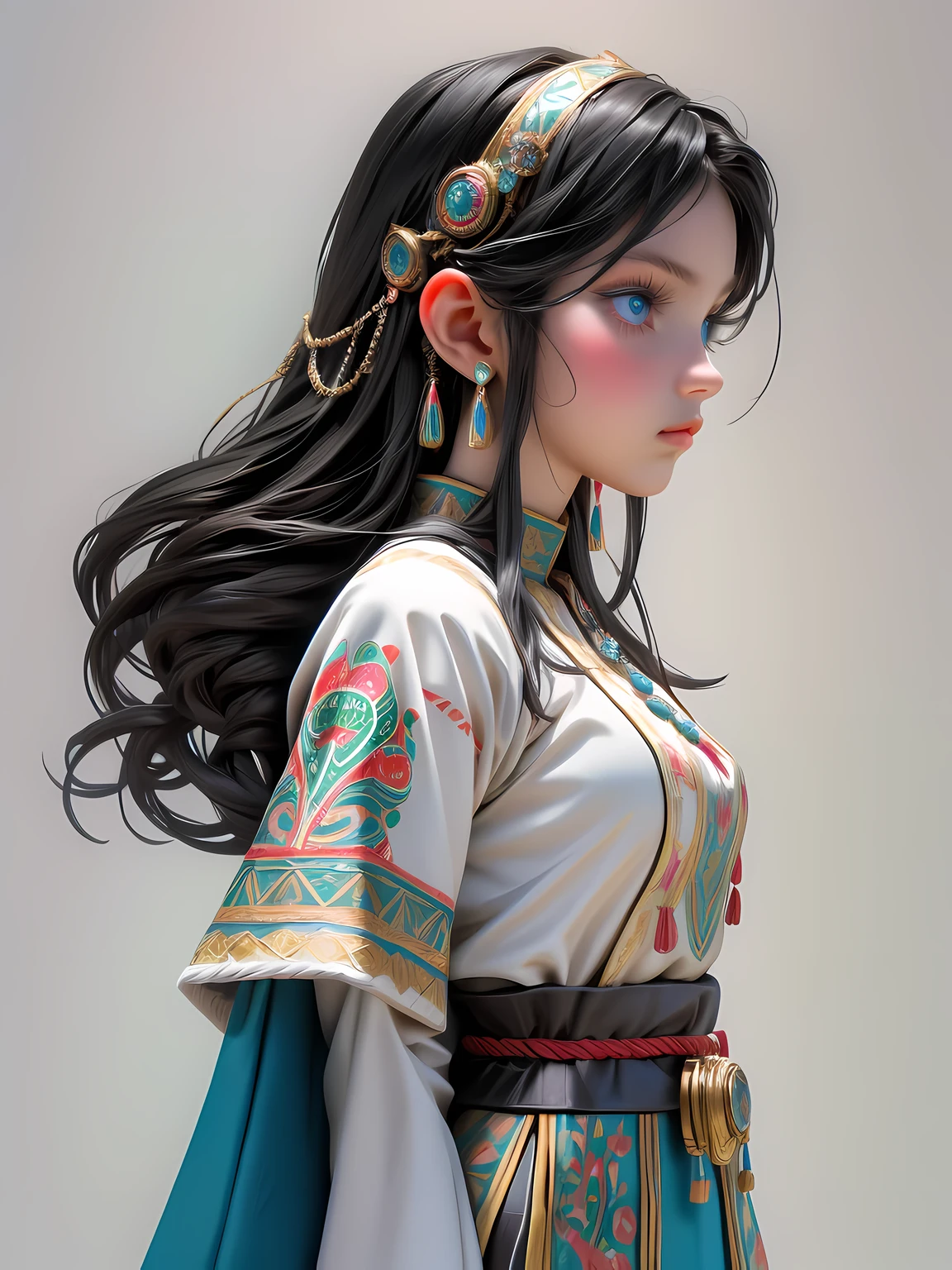 Super detailed, super realistic, 8k, master piece, beautiful Nordic young girl, 18 years old, highly detailed old folk costume, long straight black hair, Yakuts folk costume, beautiful crystal blue eyes, almond eyes, intricate textile decorated with colorful and intricate geometric patterns, arm ornamentation, decorative embroidery. Beautiful crystal blue eyes, almond eyes, intricate fabrics decorated with colorful and intricate geometric patterns, clothes in earth colors such as White red and green,,aw0k euphoric style,(viewed from side:1.5)