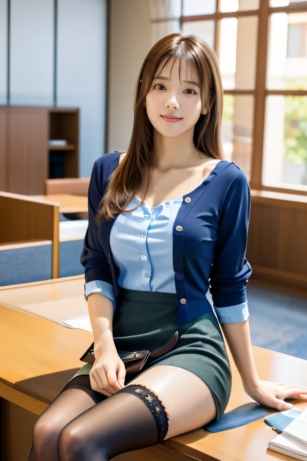 masterpiece, highest quality, Realistic, Very detailed, finely, High resolution, 8k wallpaper, Professional, High level of detail, ((One 18 year old girl:1.5)), Slender Japanese women,cute lips, Collarbone Detail, Center of chest、Perfect Face, (cute short hair:1.5), Chestnut Hair、cute face、Perfect Professional Potion、((Complete head-to-toe coverage:1.5)、(8k、RAW Photos、highest quality、masterpiece:1.2)、Character Focus、perfect cute girl、cute、(Small face)、(office lady:1.2)、A kind smile、Shiny skin、(Beautiful leg lines)、Narrow waist、Big Breasts、Beautiful breasts、(blouse、Pencil Skirt、Black Stockings:1.2)、High heels、Clear Skin、High transparency、(Slender and beautiful girl)、(Shiny)、View your viewers、Beautiful thighs、office interior、Bokeh、