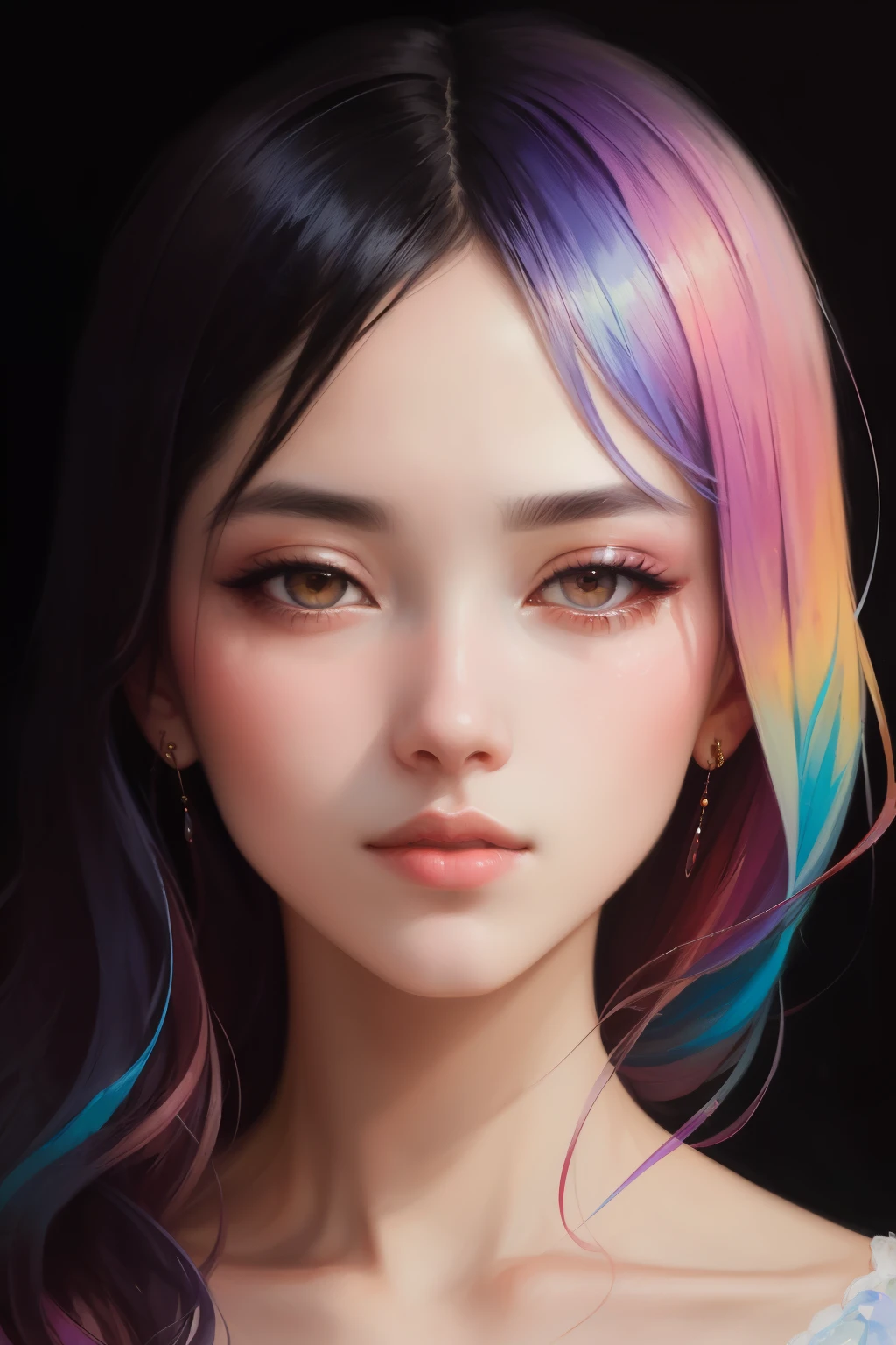 _james jean, floating female figure made of ribbons, smoke, in the sky, colorful and vibrant, mystical colors, contemporary impressionism, yanjun cheng portrait painting, iridescent painting, 3/4 perspective view, cute face, low angle, sweeping circling composition, large beautiful crystal eyes, big irises, UHD, HDR, 8K, (Masterpiece:1. 5), (the most beautiful portrait in the world:1.5)