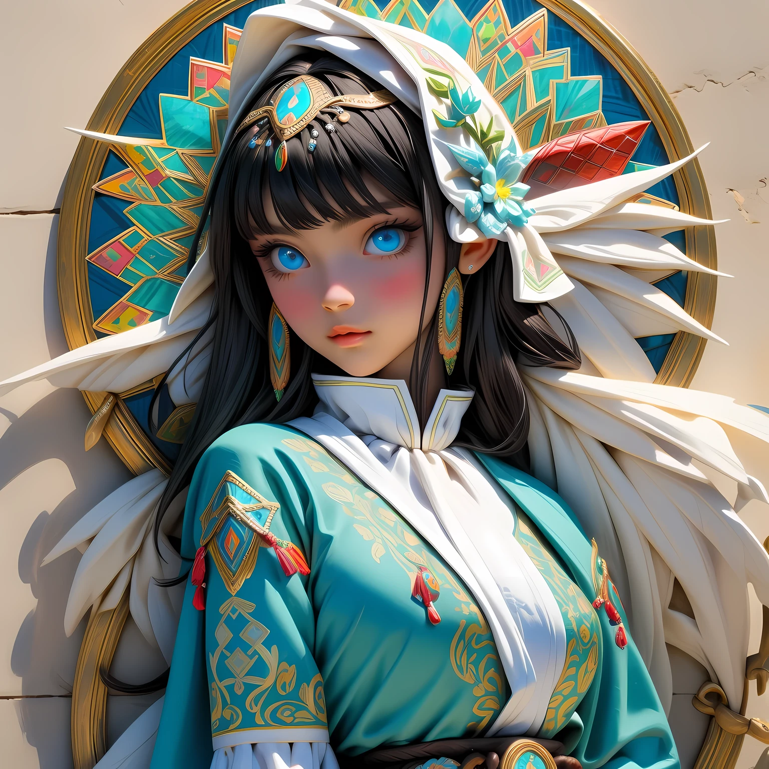 Super detailed, super realistic, 8k, master piece, beautiful Nordic young girl, 18 years old, highly detailed old folk costume, long straight black hair, Yakuts folk costume, beautiful crystal blue eyes, almond eyes, intricate textile decorated with colorful and intricate geometric patterns, arm ornamentation, decorative embroidery. Beautiful crystal blue eyes, almond eyes, intricate fabrics decorated with colorful and intricate geometric patterns, clothes in earth colors such as White red and green,,aw0k euphoric style,