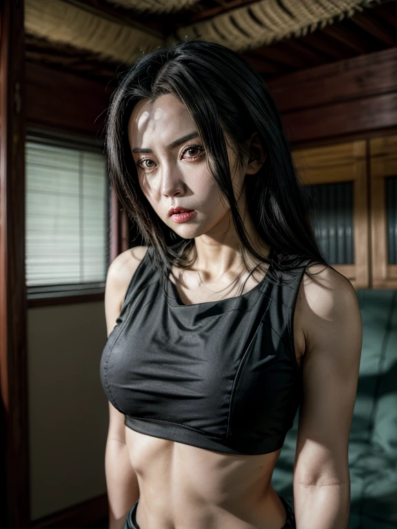 1women,tsunade,medium chest,black crop top,looking viewer,shy expression
