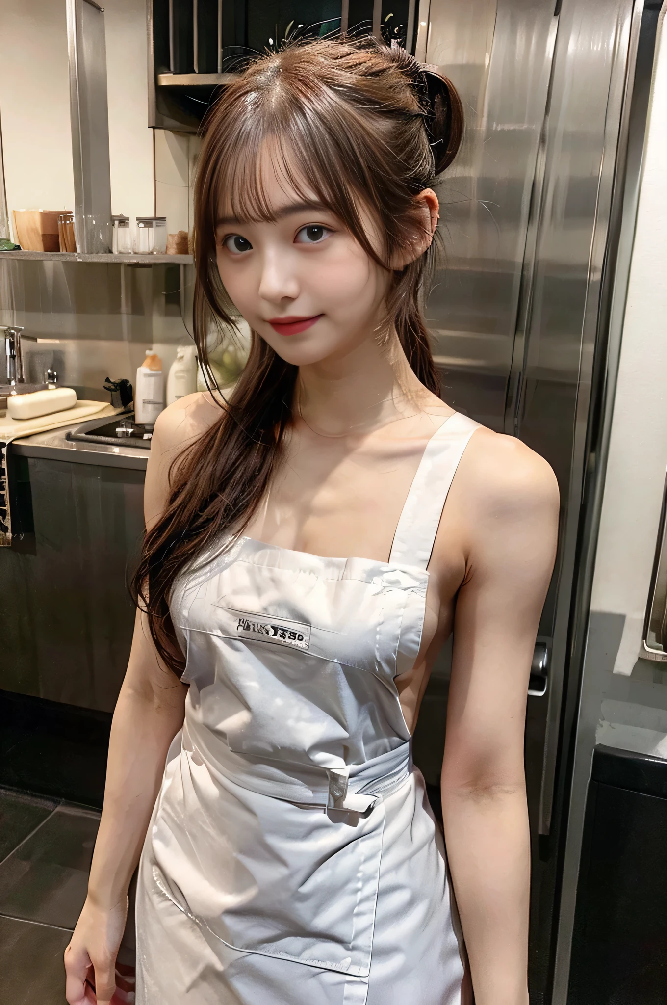highest quality、 but wearing an apron、Hands behind your back、Nipplvisible、slender、brown hair、ponytail