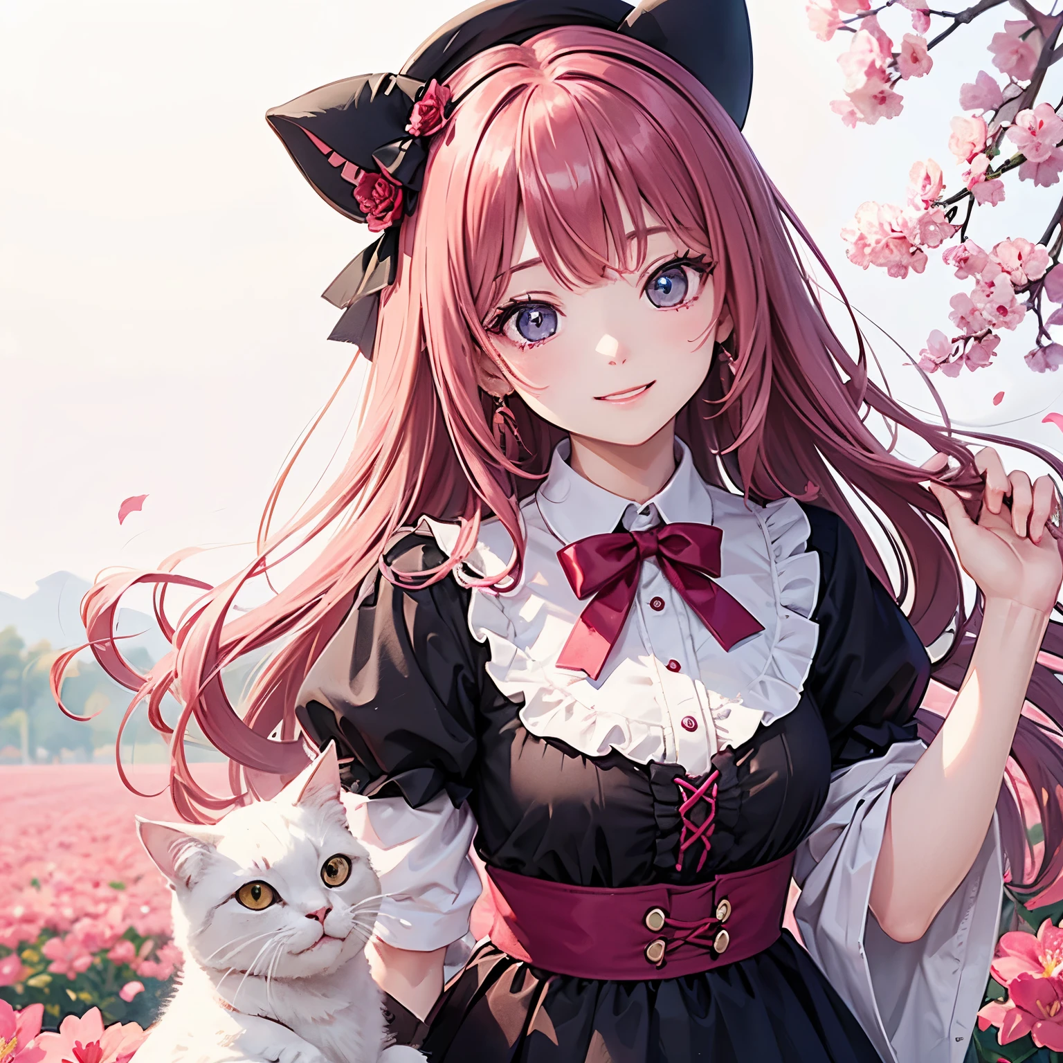 Anime girl with long hair and a cat in a field of flowers - SeaArt AI