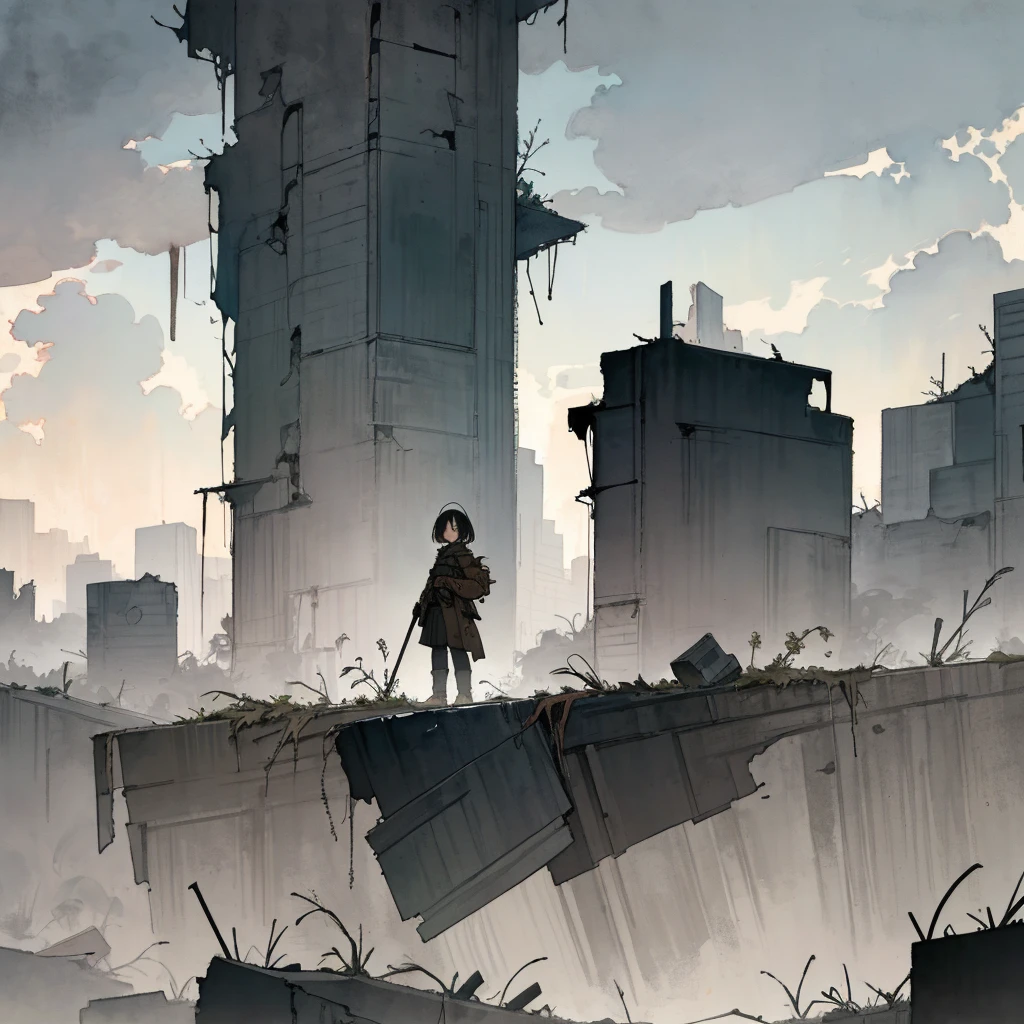 best quality, high resolution, ultra-detailed, extremely detailed, (a girl standing), shukezouma,(illustration:1.1),(best quality),(masterpiece:1.1),(panorama shot:1.3),(full body:1.25),(solo:1.2),highres,(watercolor) a post-apocalyptic wasteland with desolate ruins and overgrown vegetation reclaiming the decaying structures. the sky is filled with ominous storm clouds, hinting at an impending storm. harsh winds sweep through the abandoned streets, carrying dust and debris. the scene evokes a sense of isolation and survival, with remnants of the past serving as a reminder of a lost civilization, 