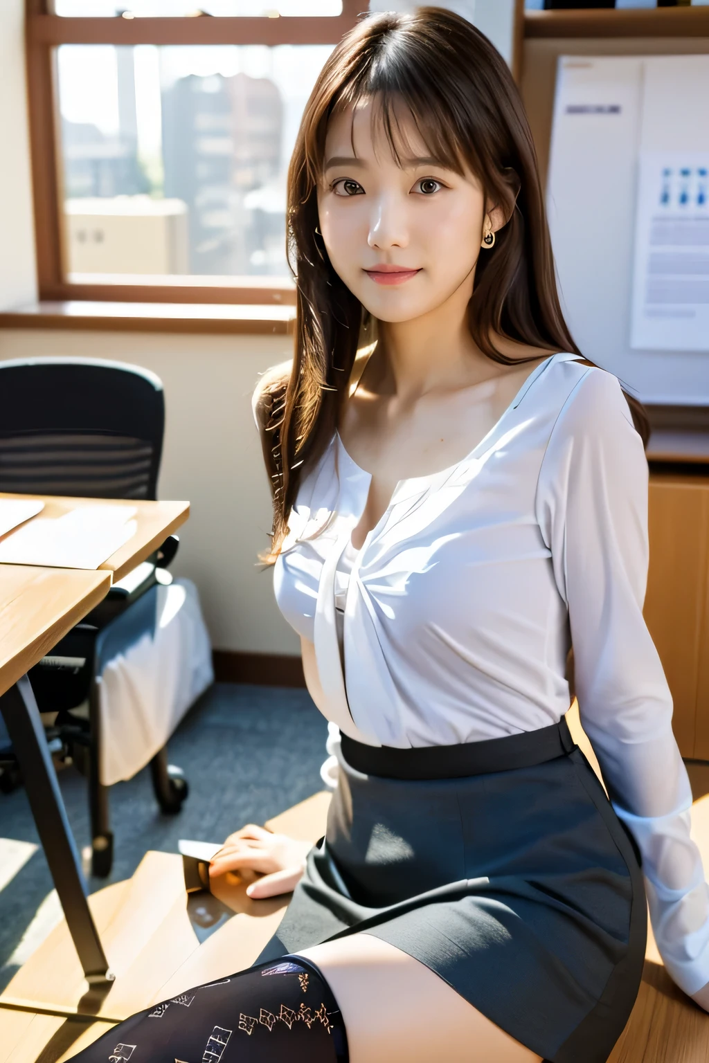 masterpiece, highest quality, Realistic, Very detailed, finely, High resolution, 8k wallpaper, Professional, High level of detail, ((One 18 year old girl:1.2)), Slender Japanese women,cute lips, Collarbone Detail, Center of chest、Perfect Face, (cute short hair:1.5), Chestnut Hair、cute face、Perfect Professional Potion、((Complete head-to-toe coverage:1.5)、(8k、RAW Photos、highest quality、masterpiece:1.2)、Character Focus、perfect cute girl、cute、(Small face)、(office lady:1.2)、A kind smile、Shiny skin、(Beautiful leg lines)、Narrow waist、Big Breasts、Beautiful breasts、(blouse、Pencil Skirt、Black Stockings:1.2)、High heels、Clear Skin、High transparency、(Slender and beautiful girl)、(Shiny)、View your viewers、Beautiful thighs、office interior、Bokeh、