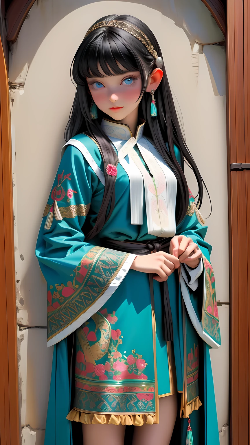 Super detailed, super realistic, 8k, master piece, beautiful Nordic young girl, 18 years old, highly detailed old folk costume, long straight black hair, Yakuts folk costume, beautiful crystal blue eyes, almond eyes, intricate textile decorated with colorful and intricate geometric patterns, arm ornamentation, decorative embroidery. Beautiful crystal blue eyes, almond eyes, intricate fabrics decorated with colorful and intricate geometric patterns, clothes in earth colors such as White red and green,,aw0k euphoric style,