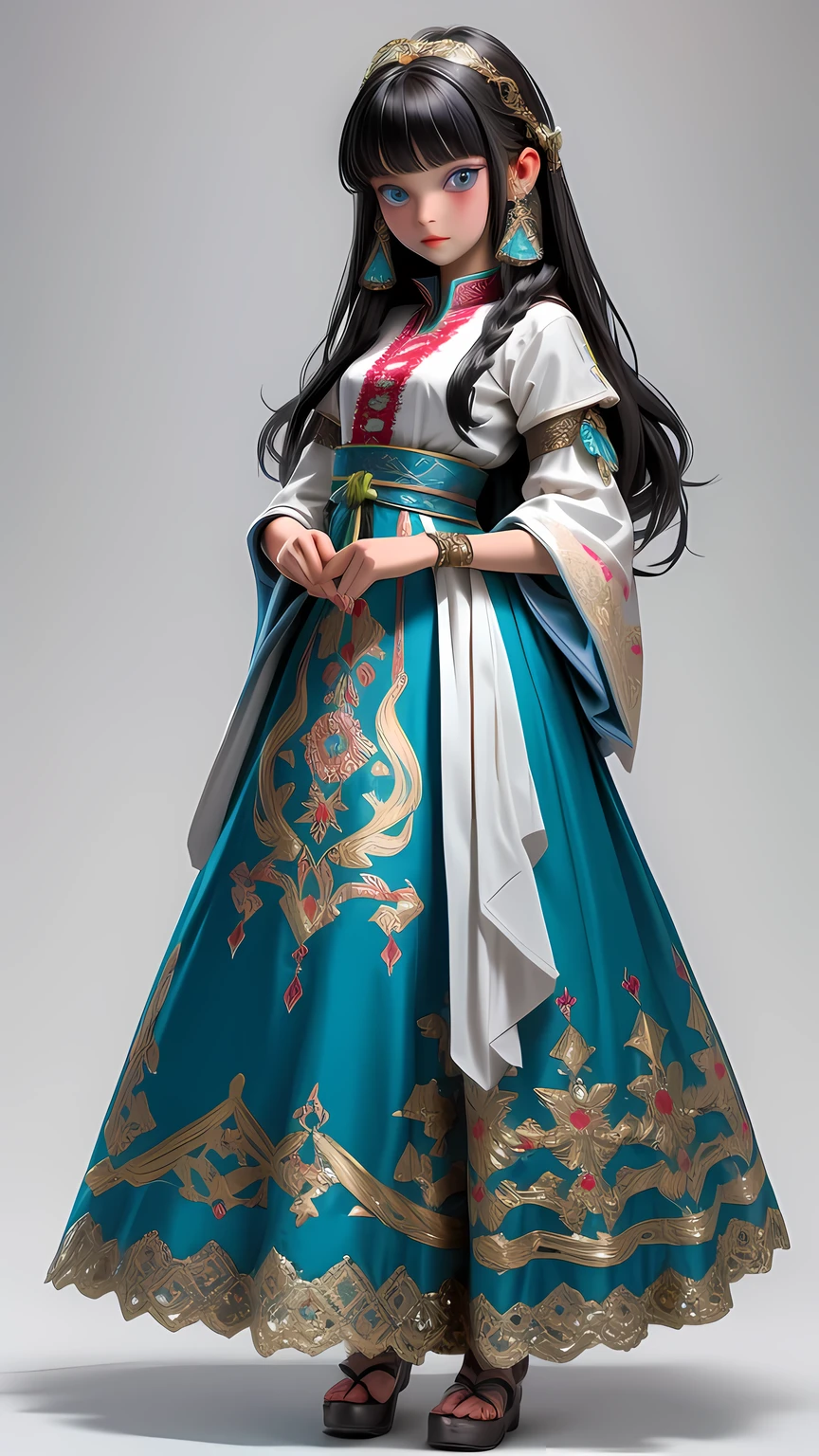 Super detailed, super realistic, 8k, master piece, beautiful Nordic young girl, 18 years old, highly detailed old folk costume, long straight black hair, Yakuts folk costume, beautiful crystal blue eyes, almond eyes, intricate textile decorated with colorful and intricate geometric patterns, arm ornamentation, decorative embroidery. Beautiful crystal blue eyes, almond eyes, intricate fabrics decorated with colorful and intricate geometric patterns, clothes in earth colors such as White red and green,,aw0k euphoric style,(half body image:1.5)