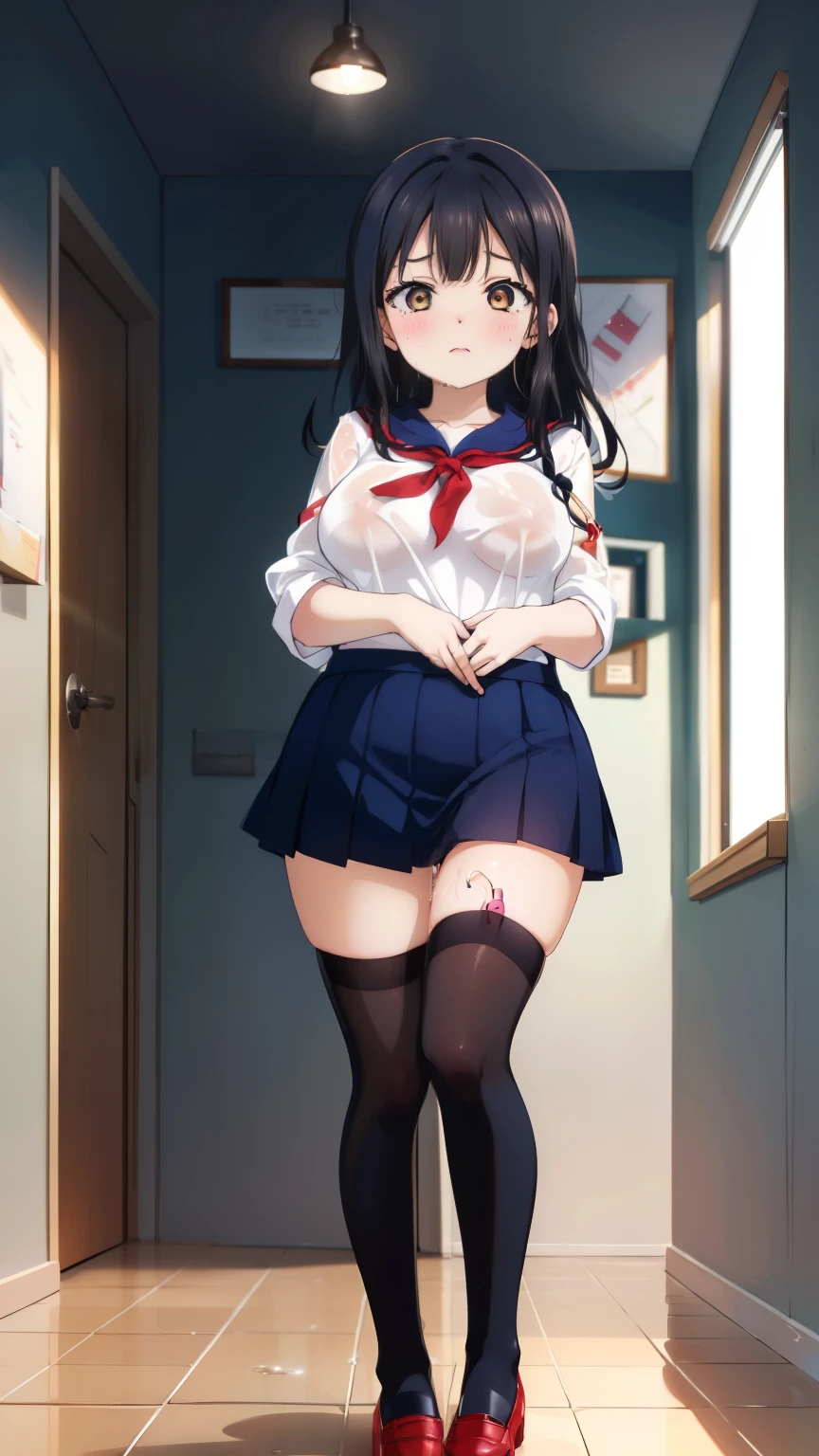 2 girls, by 2 person, Girl's brown eyes, black hair, medium long hair, Inward roll、(Navy blue sailor suit:1.4),indoors, Cafe、very big breasts、publish one'chest of、Naked things'chest of、blush、embarrassing、scary face、I'm worried、confused face、a large amount of breast milk comes out of the nipples,、Breast milk gushes from the nipple、very short skirt、micro mini skirt、female shape'Private parts are clearly visible、vibrator in thighhighs、The crotch is wet with love juice、Looks painful、Full body portrait