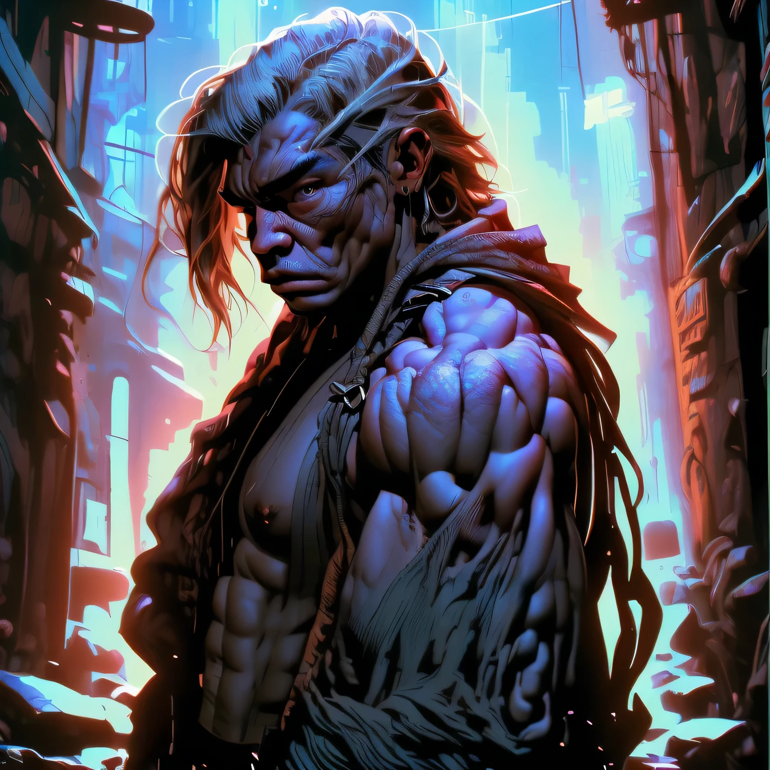 A muscular man, in rags, wandering in a strange wilderness filled with beasts