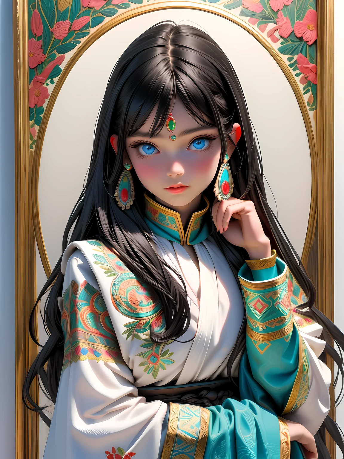 Super detailed, super realistic, 8k, master piece, beautiful Nordic young girl, 18 years old, highly detailed old folk costume, long straight black hair, Yakuts folk costume, beautiful crystal blue eyes, almond eyes, intricate textile decorated with colorful and intricate geometric patterns, arm ornamentation, decorative embroidery. Beautiful crystal blue eyes, almond eyes, intricate fabrics decorated with colorful and intricate geometric patterns, clothes in earth colors such as White red and green,,aw0k euphoric style,