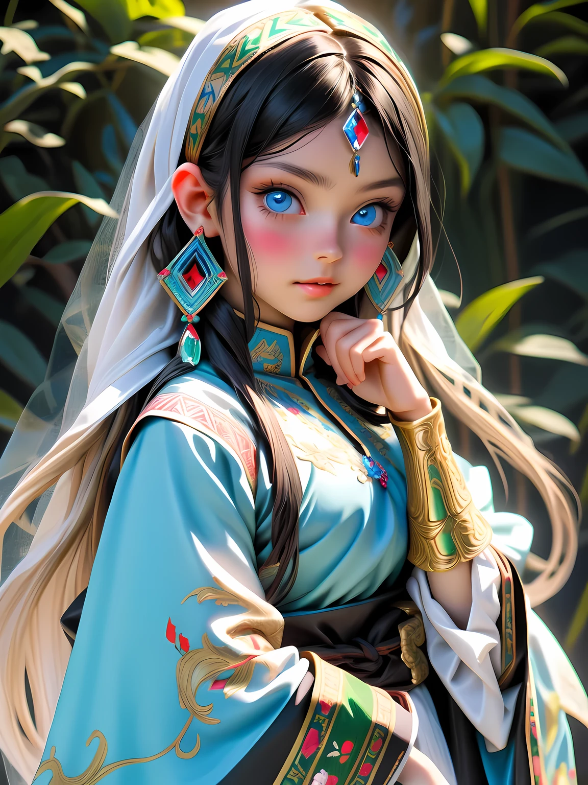 Super detailed, super realistic, 8k, master piece, beautiful Nordic young girl, 18 years old, highly detailed old folk costume, long straight black hair, Yakuts folk costume, beautiful crystal blue eyes, almond eyes, intricate textile decorated with colorful and intricate geometric patterns, arm ornamentation, decorative embroidery. Beautiful crystal blue eyes, almond eyes, intricate fabrics decorated with colorful and intricate geometric patterns, clothes in earth colors such as White red and green,,aw0k euphoric style,