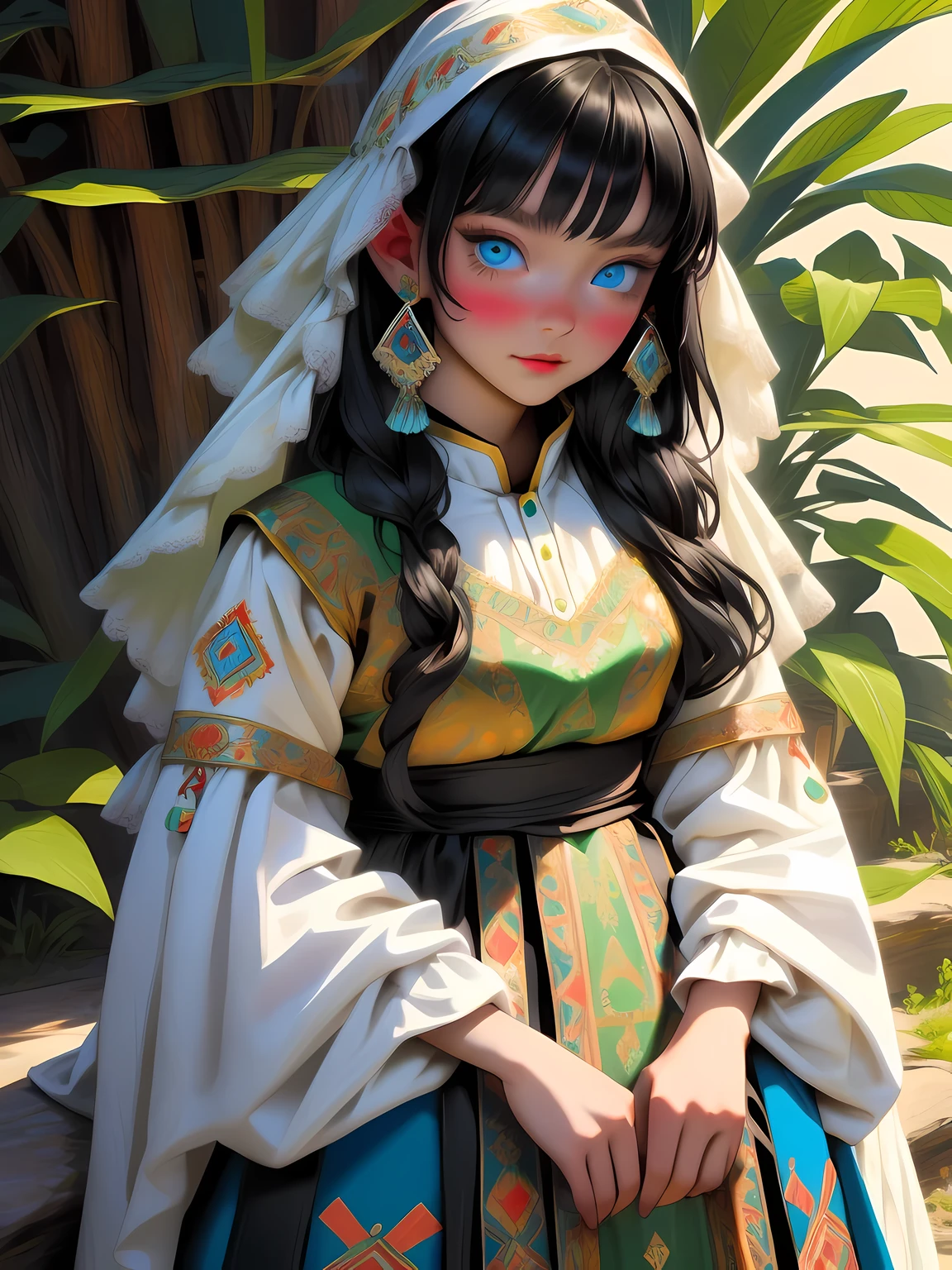 Super detailed, super realistic, 8k, master piece, beautiful Nordic young girl, 18 years old, highly detailed old folk costume, long straight black hair, Yakuts folk costume, beautiful crystal blue eyes, almond eyes, intricate textile decorated with colorful and intricate geometric patterns, arm ornamentation, decorative embroidery. Beautiful crystal blue eyes, almond eyes, intricate fabrics decorated with colorful and intricate geometric patterns, clothes in earth colors such as White red and green,,aw0k euphoric style,