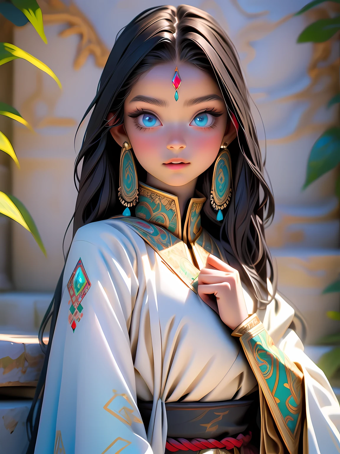 Super detailed, super realistic, 8k, master piece, beautiful Nordic young girl, 18 years old, wears old folk costume, long straight black hair, Yakuts folk costume, beautiful crystal blue eyes, almond eyes, intricate textile decorated with colorful and intricate geometric patterns, arm ornamentation, decorative embroidery. Beautiful crystal blue eyes, almond eyes, intricate fabrics decorated with colorful and intricate geometric patterns, clothes in earth colors such as White red and green,,aw0k euphoric style,