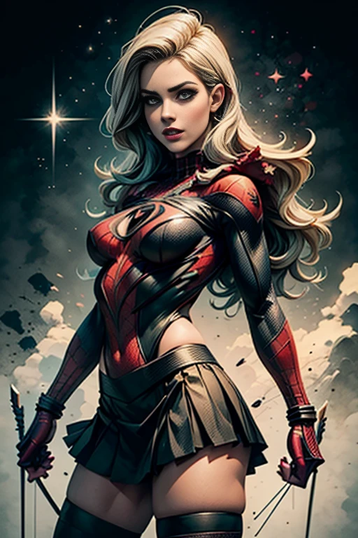 Emily Bett Rickards、stick out the navel、new york、She's wearing a torn Spider-Man suit,Wearing a skirt、 Red and black color scheme,dynamic、masterpiece、highest quality、Ultra-detailed、Very detailed、Beautiful sparkle in the details、超A high resolution