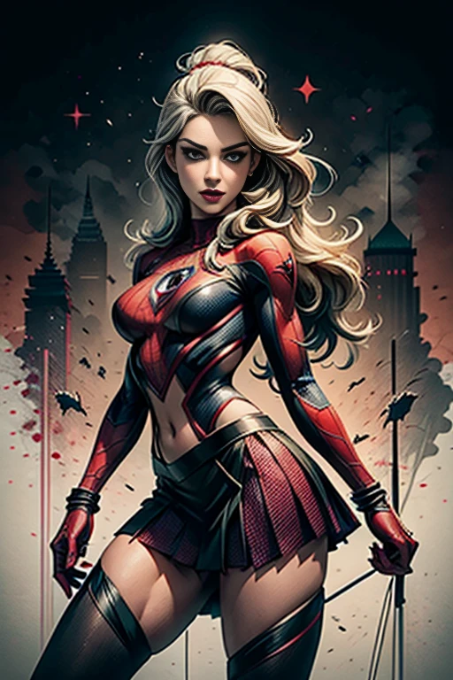 Emily Bett Rickards、stick out the navel、new york、She&#39;s wearing a torn Spider-Man suit,Wearing a skirt、 Red and black color scheme,dynamic、masterpiece、highest quality、Ultra-detailed、Very detailed、Beautiful sparkle in the details、超A high resolution