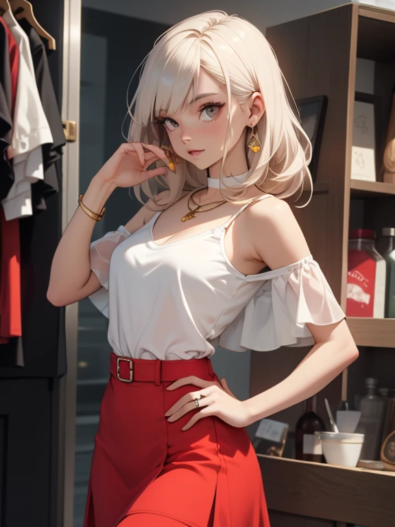 uma , pequena, magra, childish appearance, maquiagem, mascara, Lips are soft or colored, fundo preto simples, minimalismo, monotone, paletas de cores simples, limpo, Crisp drawings, silhuetas fluidas, red skirts and pantyhose, high-waisted red skirts and pants, vestidos simples vermelho, camisas e blusas, Asymmetric, geometric, Materiais e designs elegantes e luxuosos, Simple and minimalist accessories, Necklaces and thin rings in silver or gold, Pulseiras simples, Designs diferentes,  silhuetas simples, estilo simples e sofisticado, elegence, minimalismo, materiais de alta qualidade, Fresh and urban printing, alta moda, Simplicity and sophistication, vermelho, Cor vermelha, sexy, magro,