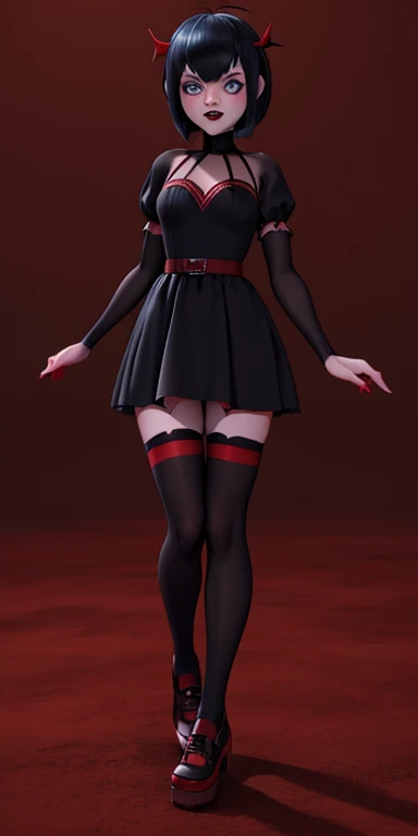 mavis dracula vampire cute girl, blue eyes ,short hair whit bangs, style bob, makeup gothic red lipstick, full body portrait drees black, black dress with sleeves, fitted to the body, thigh-high stockings with red stripes and red vans tennis shoes, Cinematic fantasy landscape, 3D, stunning environment,