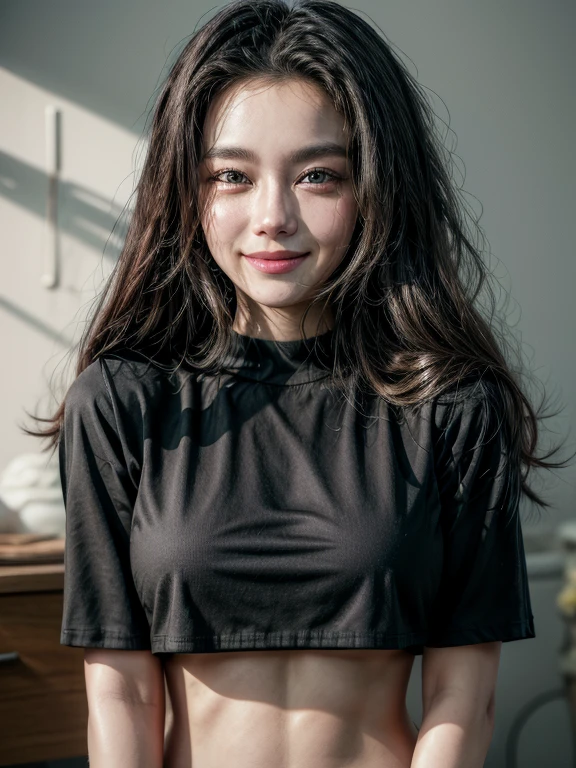 1women,medium chest,black crop top,looking down viewer,blushing,smile