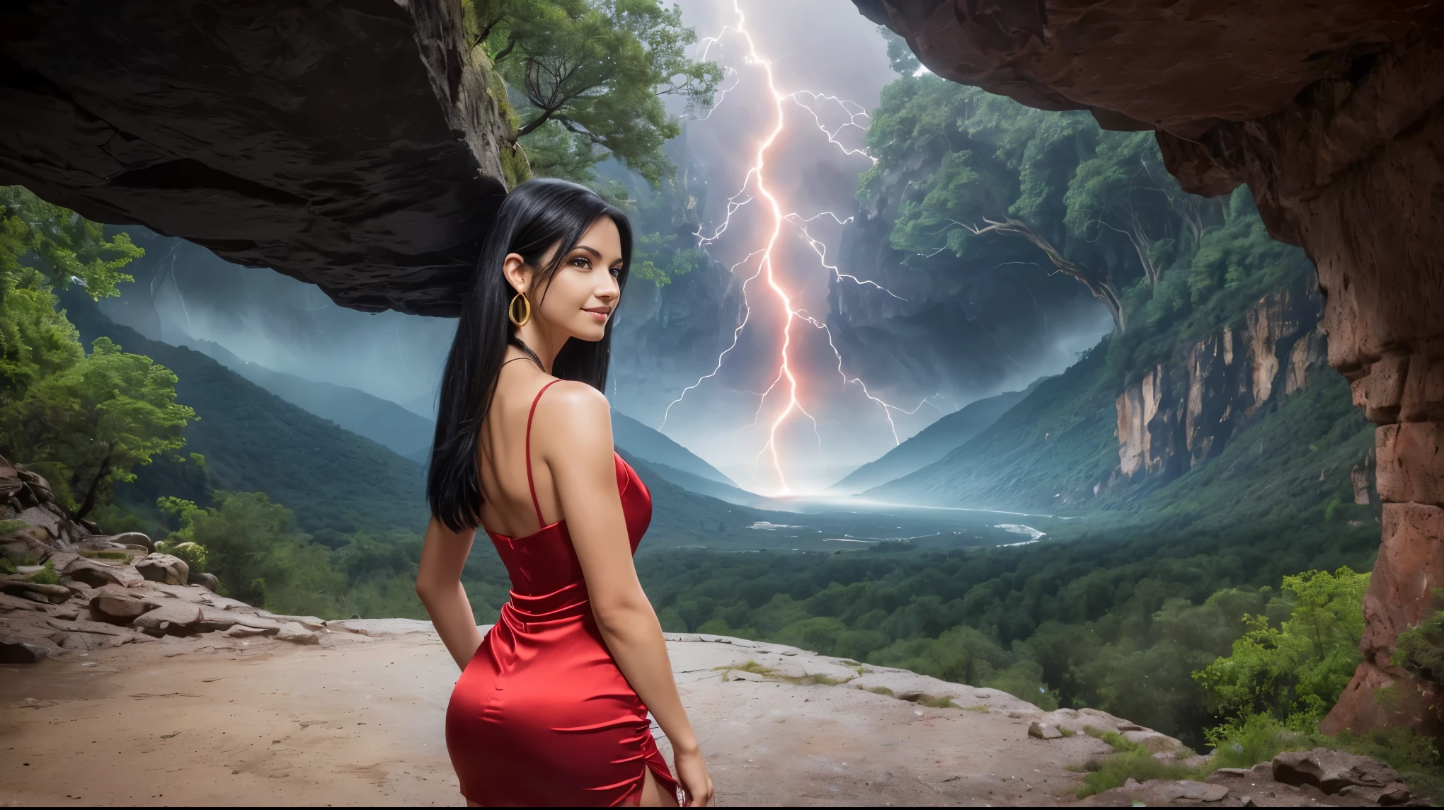 (Very realistic image), Centerpiece, masterpiece, Ultra detailed, High quality, 4k, complex, expert, Center, (volumetric lighting), beautiful, masterpiece, (ultra detailed landscape), (landscape sharp), (sharp image). (1 pretty girl alone), (1 sublime European girl aged 30), (European girl), (straight black hair:1.5), (blue eyes:1.3), innocent face, (seductive smile:1.2), (large gold hoop earrings) , (pretty breasts), (plunge neckline), (red dress:1.5), (bodycon dress, short dress, slit dress, silk dress:1.5), (gold jewelry). (on top of a mountain overlooking a magnificent landscape of waterfalls and lush forest at the bottom of a canyon:1.3), (storm and red lightning:1.6), (dark night: 1.5), (darkness: 1.5), (blood red moon:1.5), (low lighting). (sensual dynamic pose), (perfect body), (perfect anatomy), (perfect hand), (looks at camera:1.3), (cowboy shot), (upper half of the body view)
