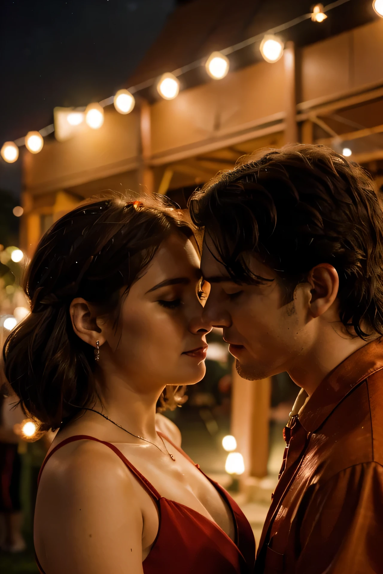 Romantic profile of the couple, Orange, Red,4K, Illuminated, Starry Night, People Dancing, Sound, Music Band