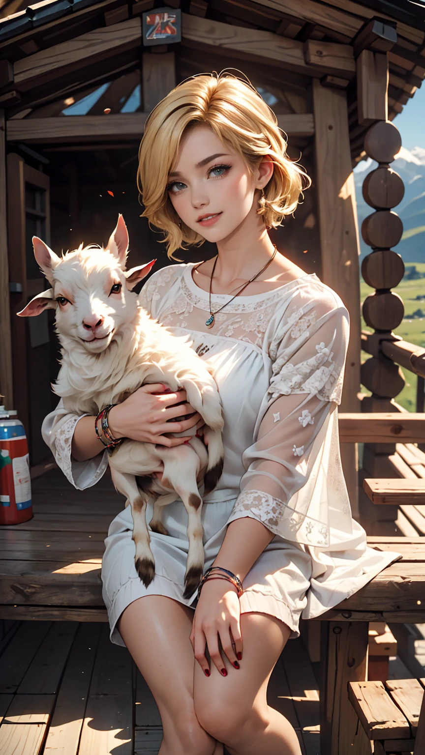((最high quality, 8K, masterpiece: 1.3, Ultra HD, high quality, 最high quality, High resolution, realism)) 、A 22-year-old extremely beautiful white woman、Hair color blonde、blue eyeedium Hair、Straight Hair、smile、Slender but well-proportioned body、Background blur((depth of field))、Aerial perspective((atmospheric perspective))、I want my head to stay off screen、Put an anklet on your ankle、Wearing red nail polish、I have a peticure、Heidi, the girl of the Alps、Grassland in the Alps、I'm in a log house、The Alps can be seen in the distance、Holding a baby goat、smile