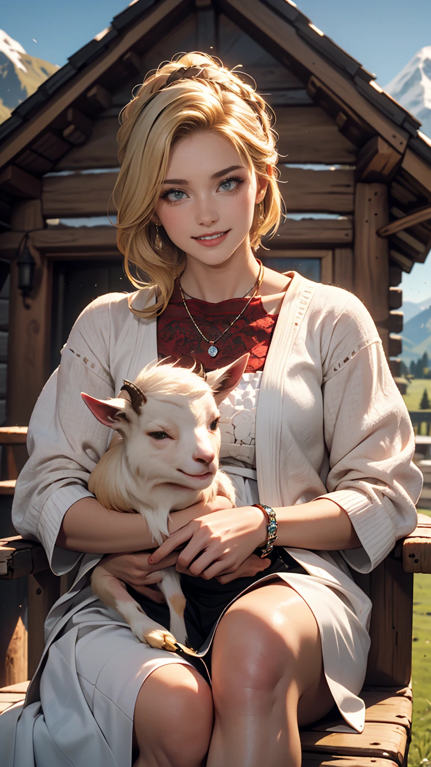 ((最high quality, 8K, masterpiece: 1.3, Ultra HD, high quality, 最high quality, High resolution, realism)) 、A 22-year-old extremely beautiful white woman、Hair color blonde、blue eyeedium Hair、Straight Hair、smile、Slender but well-proportioned body、Background blur((depth of field))、Aerial perspective((atmospheric perspective))、I want my head to stay off screen、Put an anklet on your ankle、Wearing red nail polish、I have a peticure、Heidi, the girl of the Alps、Grassland in the Alps、I'm in a log house、The Alps can be seen in the distance、Holding a baby goat、smile