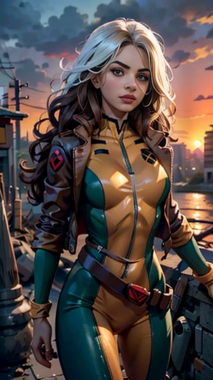 jenna louise coleman、Wet、Full body view, Long Hair, brown hair, Green Eyes, lipstick, compensate, lips,Emphasize cleavage、 sexy、White stripes in hair, like, Wavy Hair, Messy Hair, Curly Hair, middle～Large breasts, Surface Plot, ((Kelli Berglund:Bailee Madison:0.5)), 黄colorのスーツ, Jacket, gloves, belt, gloves amarillos, Green Suit, (Bodysuits:1.4), Traje multicolor, (Superhero:1.4), tight skin, Ropa multicolor, Garden and wisteria background, Official Art, extremely detailed CG 8k wallpaper, Perfect lighting, De color, bright_amount_method_Light, piel bright, (masterpiece:1.0), (Better_quality:1.0), Ultra-high resolution, 4k , Super detailed, Director of Photography, 8k, HDR, Altas ResoLightones, (Disorganized:1.2), Kodak Portrait 400, Film Grain, blurred background, (Bokeh:1.2), Lens flare, (Vibrant_color:1.2), Professional photography, (beautiful_method:1.5),More detailed 8K.Unreal Engine:1.4,Hmm,La Better calidad:1.4, Realistic:1.4, skin temperature:1.4, masterpiece:1.8,masterpiece, Better calidad,Object Object], (Detailed facial features:1.3),(Antesedentes apocalyptic destroyed city:1.4), (Apocalyptic Sunset:1.4)