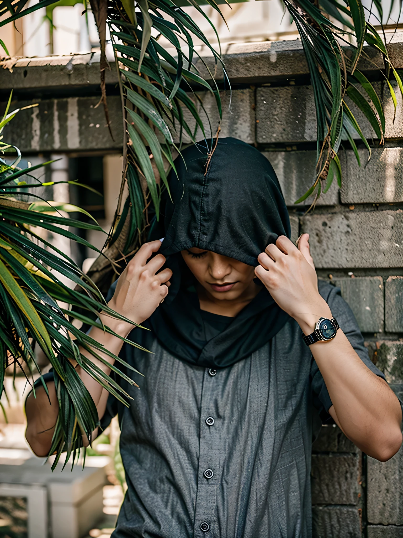 4k, realistic, black hood, grey shirt 