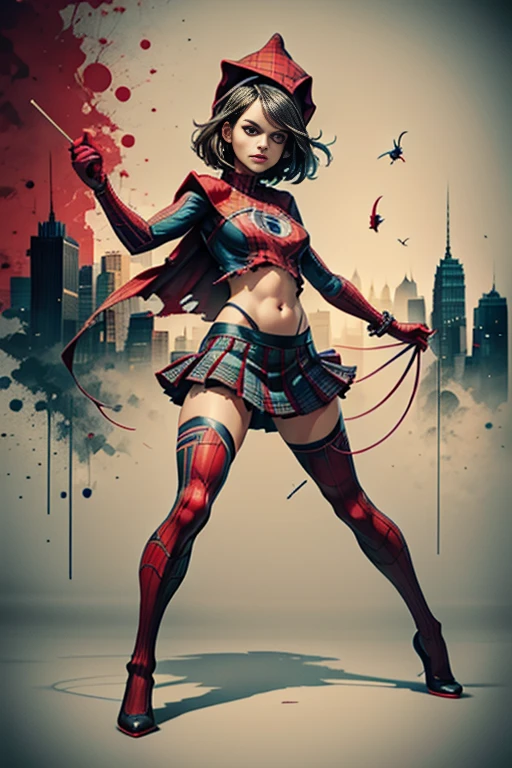 jenna louise coleman、stick out the navel、new york、She's wearing a torn Spider-Man suit,Wearing a skirt、 Red and black color scheme,dynamic、masterpiece、highest quality、Ultra-detailed、Very detailed、Beautiful sparkle in the details、超A high resolution