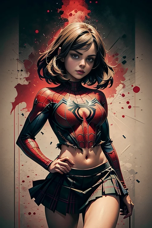 jenna louise coleman、stick out the navel、new york、She&#39;s wearing a torn Spider-Man suit,Wearing a skirt、 Red and black color scheme,dynamic、masterpiece、highest quality、Ultra-detailed、Very detailed、Beautiful sparkle in the details、超A high resolution