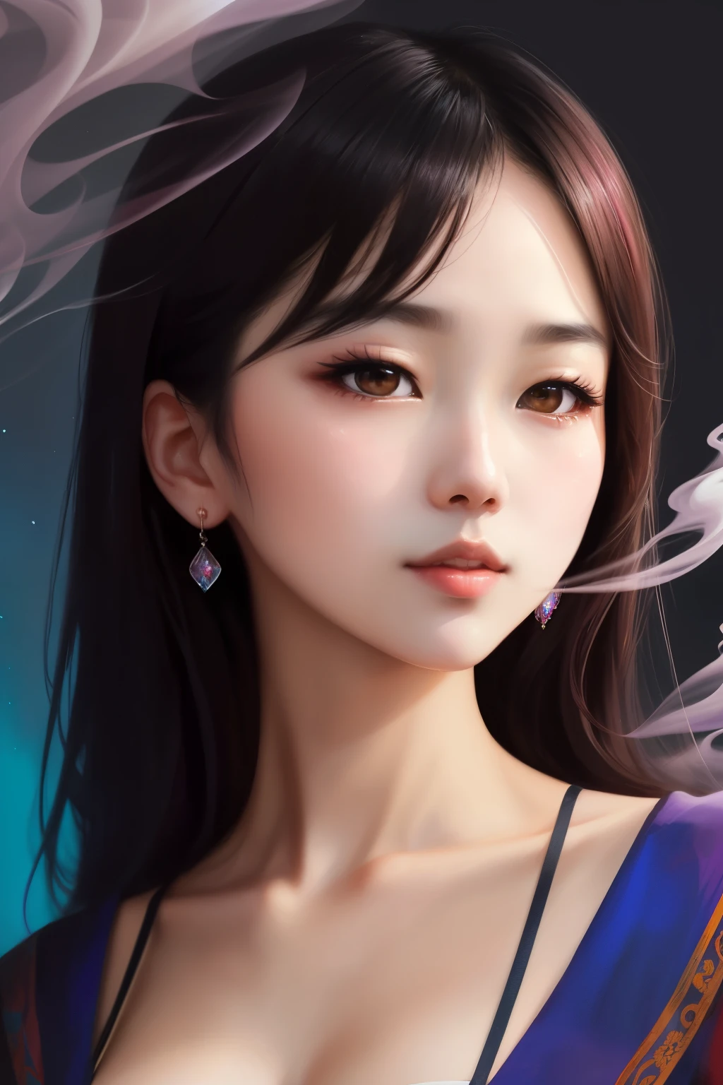_james jean, floating female figure made of ribbons, smoke, in the sky, colorful and vibrant, mystical colors, contemporary impressionism, yanjun cheng portrait painting, iridescent painting, 3/4 perspective view, cute face, low angle, sweeping circling composition, large beautiful crystal eyes, big irises, UHD, HDR, 8K, (Masterpiece:1. 5), (the most beautiful portrait in the world:1.5),Korean Beautiful Girl,Korean Idol Beautiful Girl,Korean dancer,Are thin,Small breasts,Prostitute,high school student,