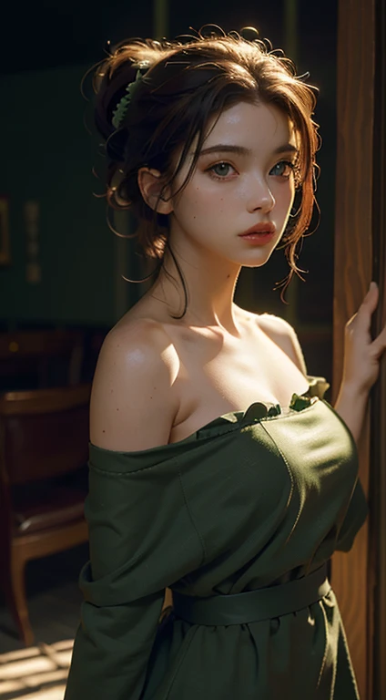 Best Quality, Masterpiece, Ultra High Resolution, (Realisticity: 1.4), Original Photo, 1girl, green Off-the-Shoulder, Cinematic Lighting