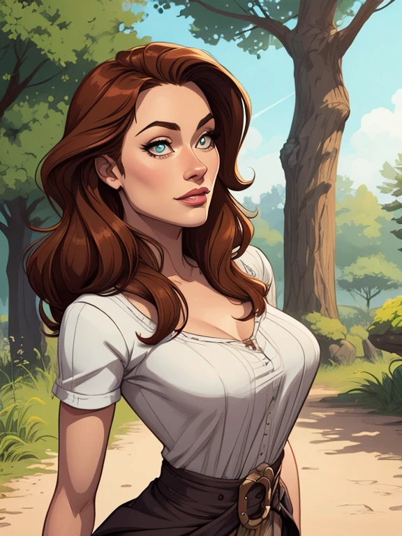 Personagem mulher Olivia Wilde de guerras Imagem de desenho animado de uma mulher .cartoon style illustration, estilo de arte dos desenhos animados, estilo de arte dos desenhos animados, digital illustration style, design de personagens altamente detalhado, arte digital detalhada coragem, Forest fan art, Design de personagens de retrato, beautiful digital illustration, retrato de alta qualidade, Arte em quadrinhos, mulher jovem cabelo com transas lindas . Beautiful lined eyes Medium large bust and wonderful sexy clothes. image expression of sexual desire from the waist to the head illustration