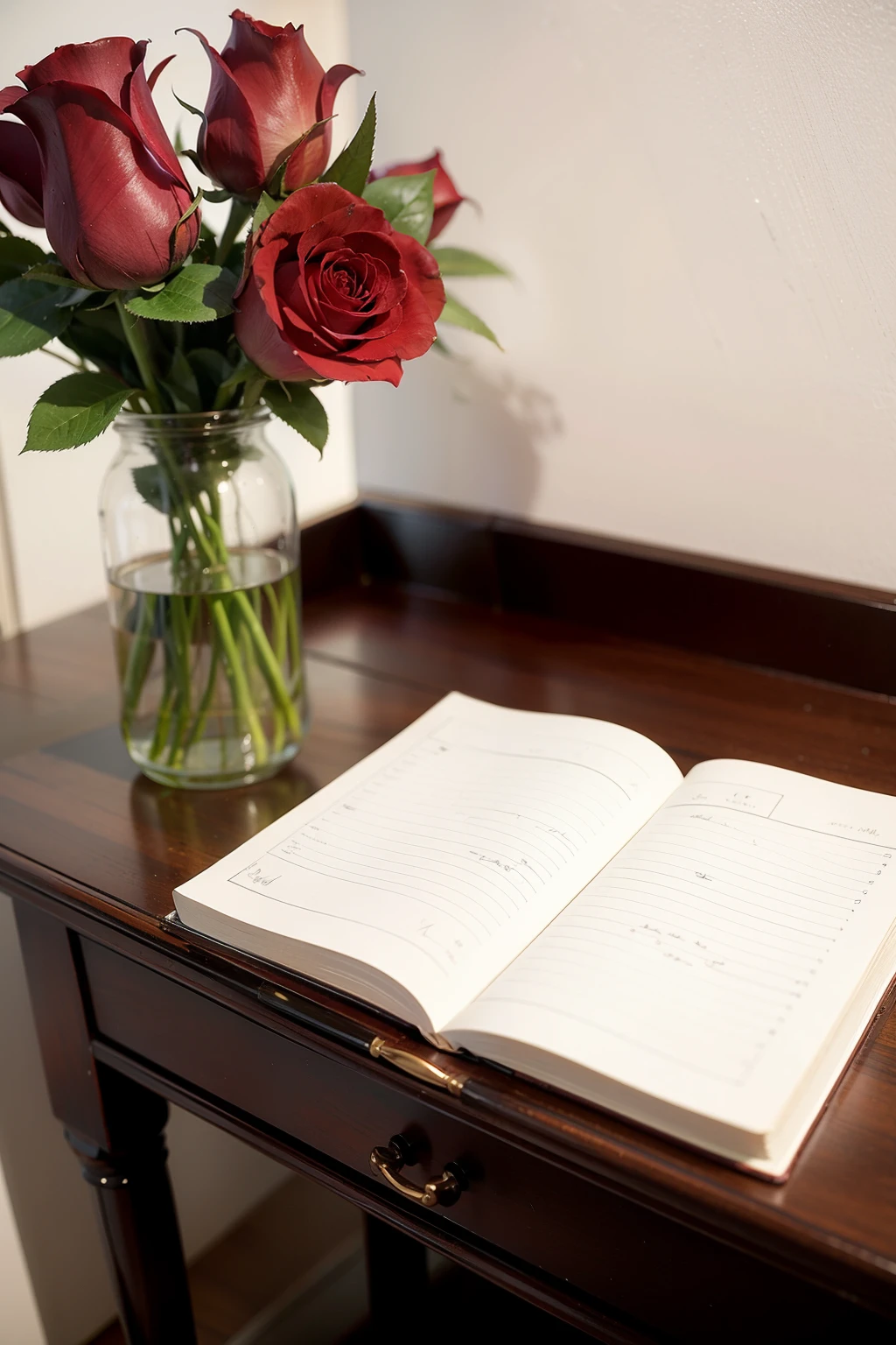 Clean desk，Roses on top，notebook
