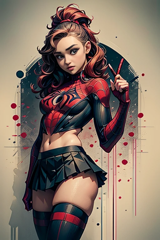 Hayden Panettiere、stick out the navel、new york、She's wearing a torn Spider-Man suit,Wearing a skirt、 Red and black color scheme,dynamic、masterpiece、highest quality、Ultra-detailed、Very detailed、Beautiful sparkle in the details、超A high resolution