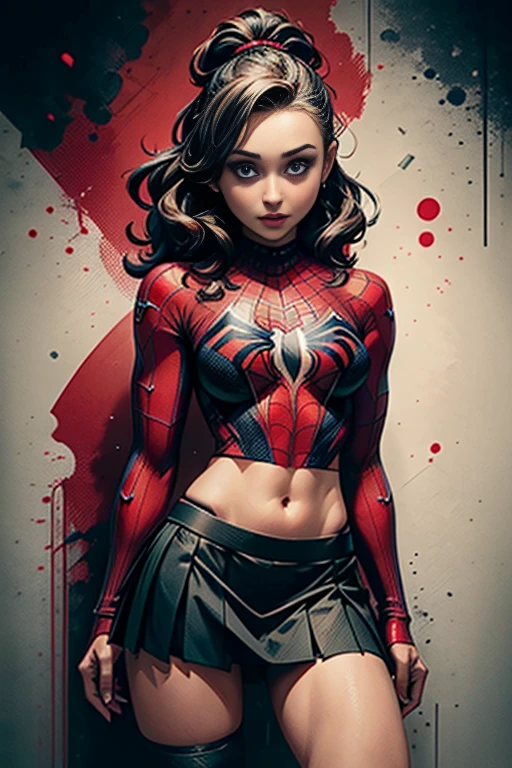Hayden Panettiere、stick out the navel、new york、She's wearing a torn Spider-Man suit,Wearing a skirt、 Red and black color scheme,dynamic、masterpiece、highest quality、Ultra-detailed、Very detailed、Beautiful sparkle in the details、超A high resolution