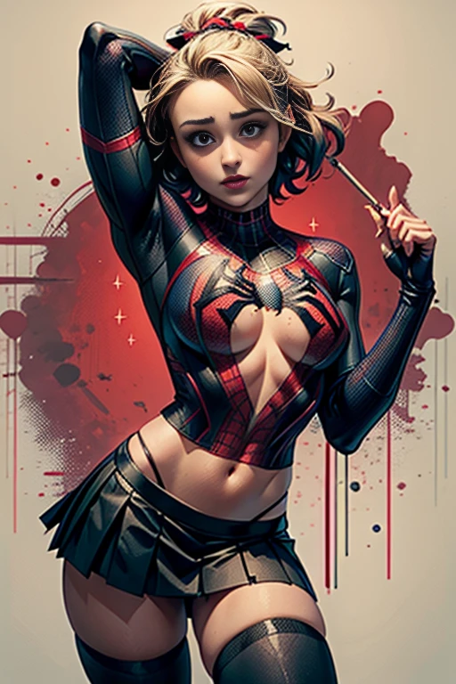 Hayden Panettiere、stick out the navel、new york、She's wearing a torn Spider-Man suit,Wearing a skirt、 Red and black color scheme,dynamic、masterpiece、highest quality、Ultra-detailed、Very detailed、Beautiful sparkle in the details、超A high resolution